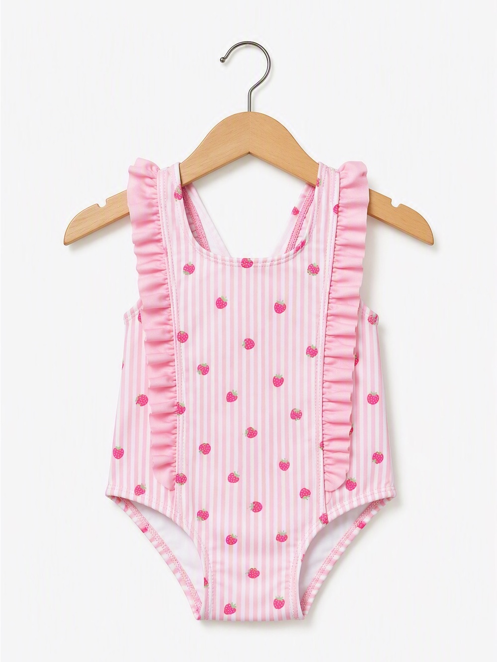 5/15$ Mia & Miles Pink Stripe Strawberry Ruffle One Piece Swimsuit toddler 24M